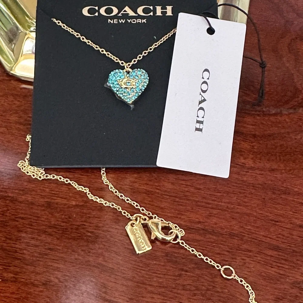Coach Blue Pave Crystal‎ Signature C Puffed Heart Necklace NWT